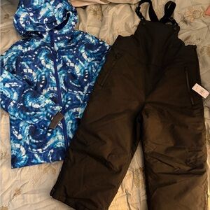 Blue Land’s End Tie-Dye Jacket and Old Navy Black Snow Bib Set